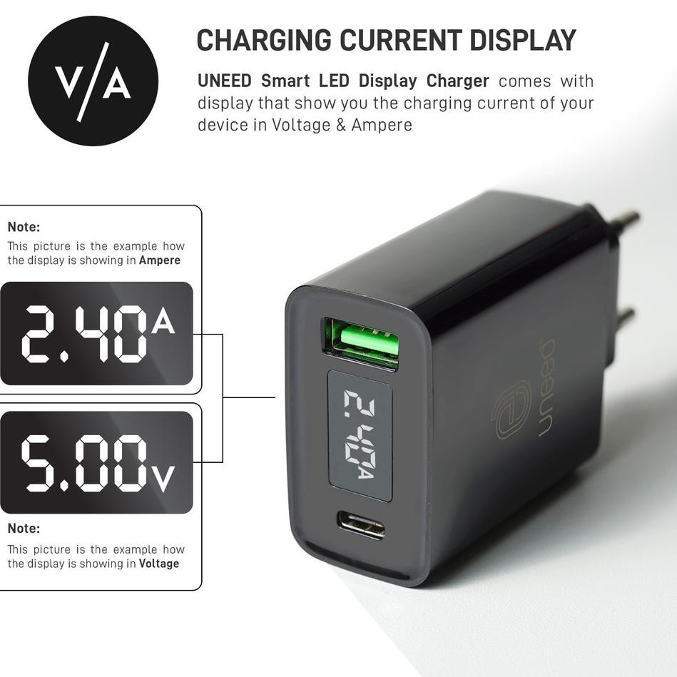 J8I1 UNEED QuickPlug USB Charger Quick Charge 4.0 & PD with LED Display - UCH404 PLUS USG
