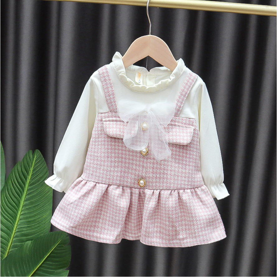 D91- Dress bayi /dress anak /pakaian bayi anak perempuan tebal  motif kotak kancing mutiara premium