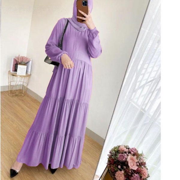Gamis Syari Twill Polos Terbaru Rayon Kandel Super Premium Gamis Jumbo Busui Lengan Panjang Kerut Murah | Baju Muslim Wanita Kekinian 2022-Lilac