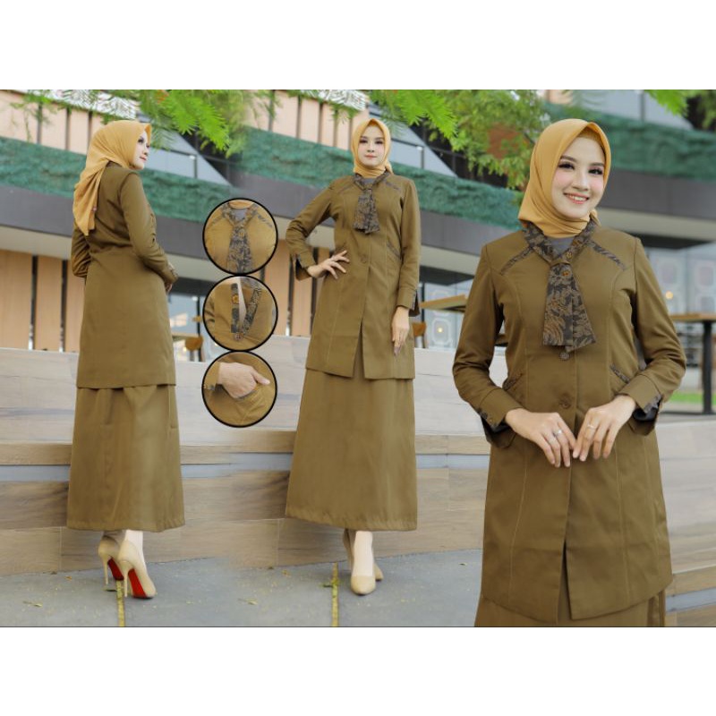 PEMDA KHAKY COKLAT TUNIK ROK A KOMBINASI DASI BATIK FREE HIJAB