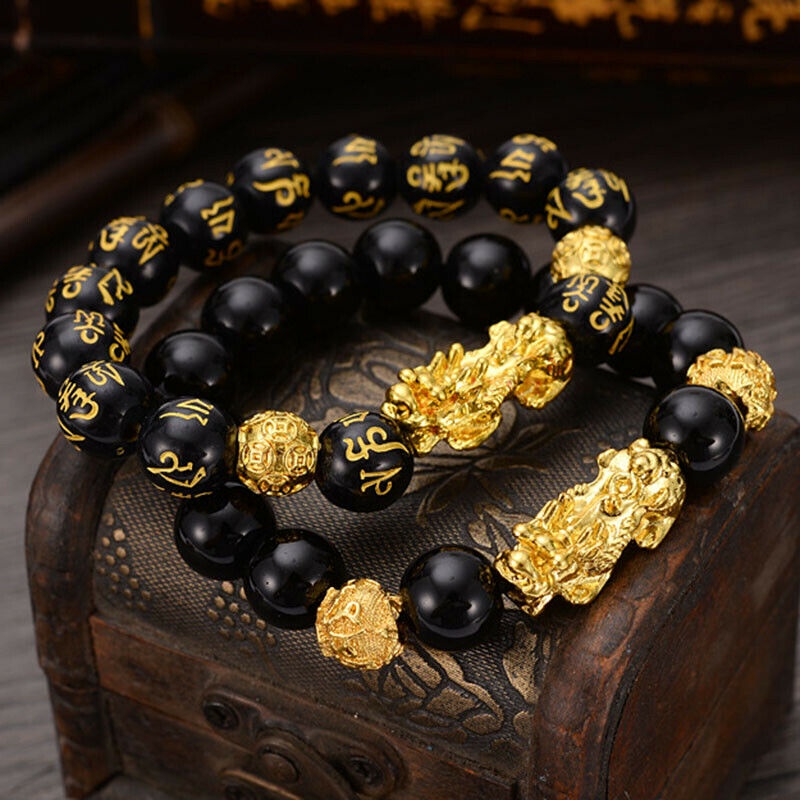 Pi Xiu Gelang Tangan Batu Obsidian Warna Hitam Untuk Keberuntungan