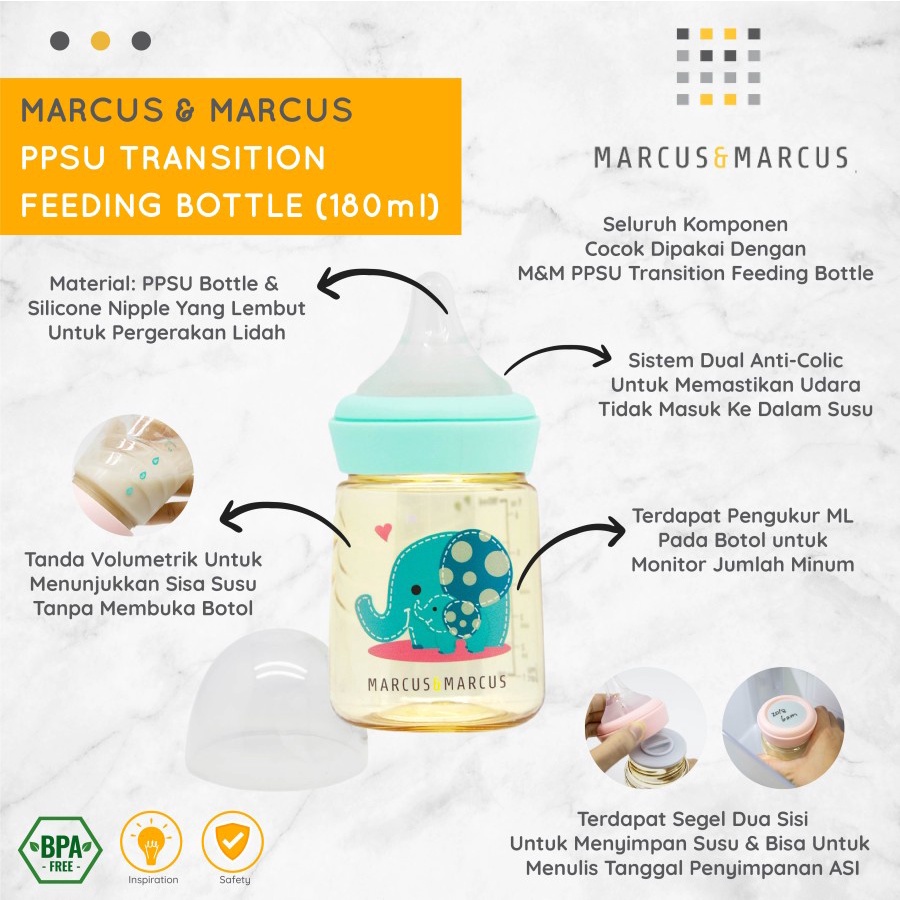 Marcus &amp; Marcus PPSU Transition Feeding Bottle 180ml - Marcus&amp;Marcus Botol Susu Bayi 180 ml : Elephant