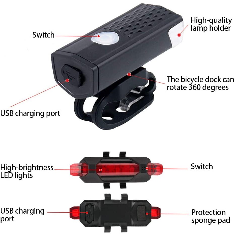 YGRETTE - LAMPU SEPEDA USB Rechargeable depan belakang Front Rear Bike Lights Led cas ulang