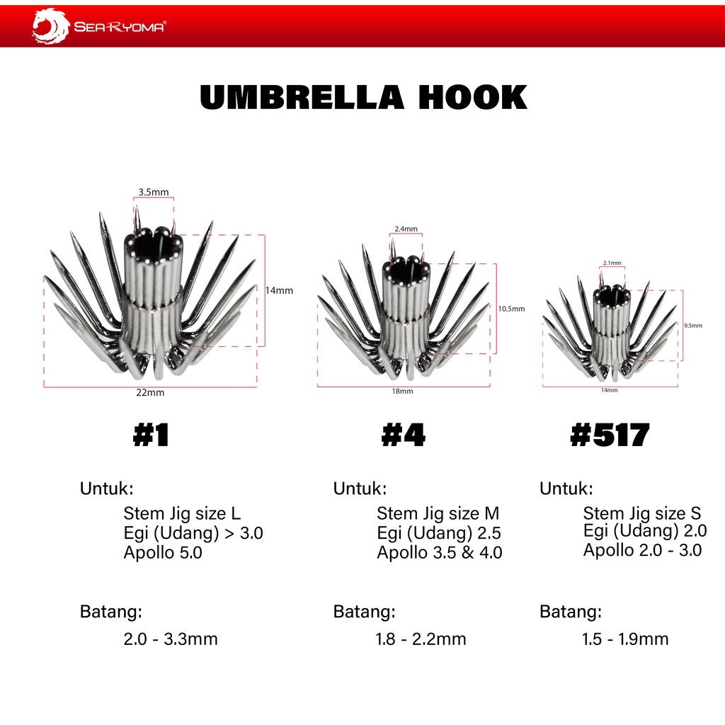 Mata Pancing Cumi Garong merk Searyoma / Umbrella Hook / Bahan membuat Stem Jig , Egi & Apollo / Pan