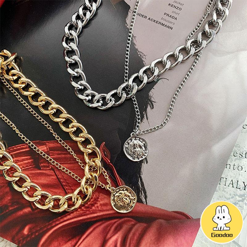 Kalung Rantai Double Layer Dengan Liontin Bahan Titanium-SWteel Gaya Hip Hop -Doo