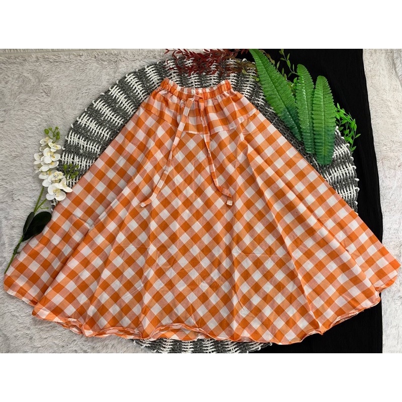 ROK KOTAK KOTAK PANJANG WANITA ROK PAYUNG MAYUNG ROK PANJANG ROK MUSLIMAH MUSLIM DEWASA BAHAN KATUN PINGGANG KARET TALIAN-Orange pastel