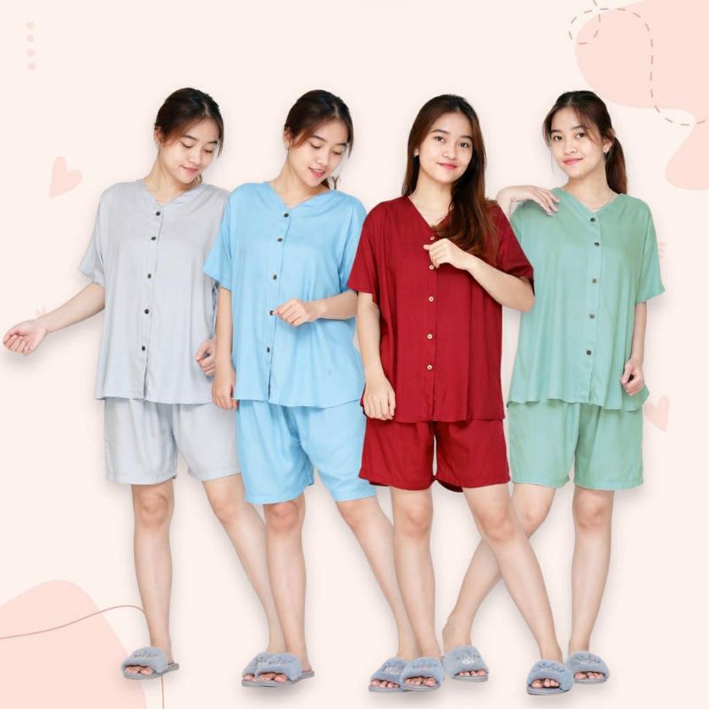 Haruna Set Piyama Rayon Polos Celana Pendek Babydoll One Set Wanita Busui