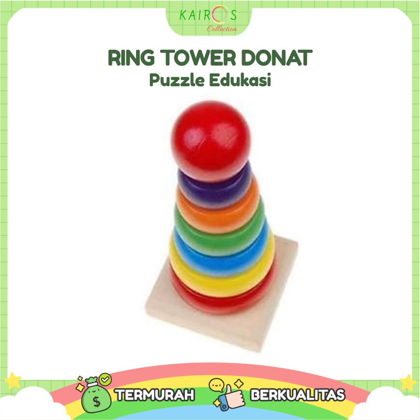 Mainan Anak Ring Donat Kayu Puzzle Kayu Rainbow Tower Menara Pelangi