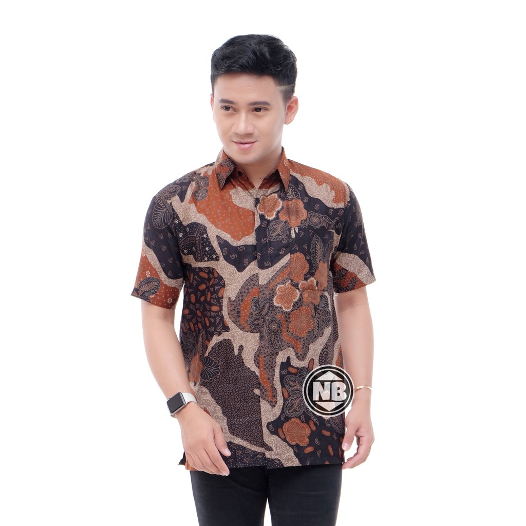 022 Zahira Batik HRB026 Kenongo Hem Kemeja Batik Pria Lengan Pendek  Katun Primis Halus M L XL-Pulau coklat
