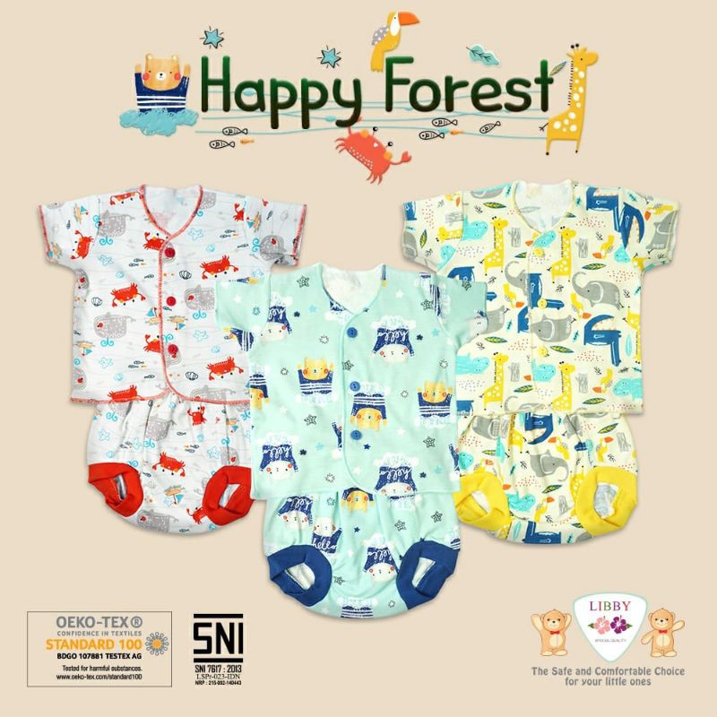 LIBBY  Stelan Baju Pendek - Celana Pop Newborn Motif Happy Forest (3stel)