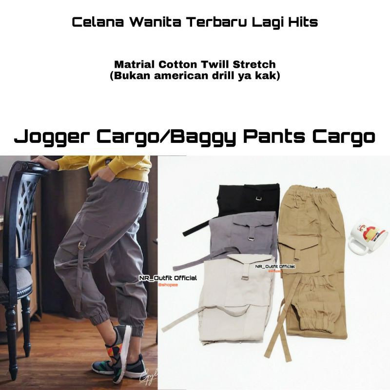 Jogger Cargo Pants Wanita Pinggang Full Karet Bahan Katun Twill Stretch Melar NR_Outfit Official COD