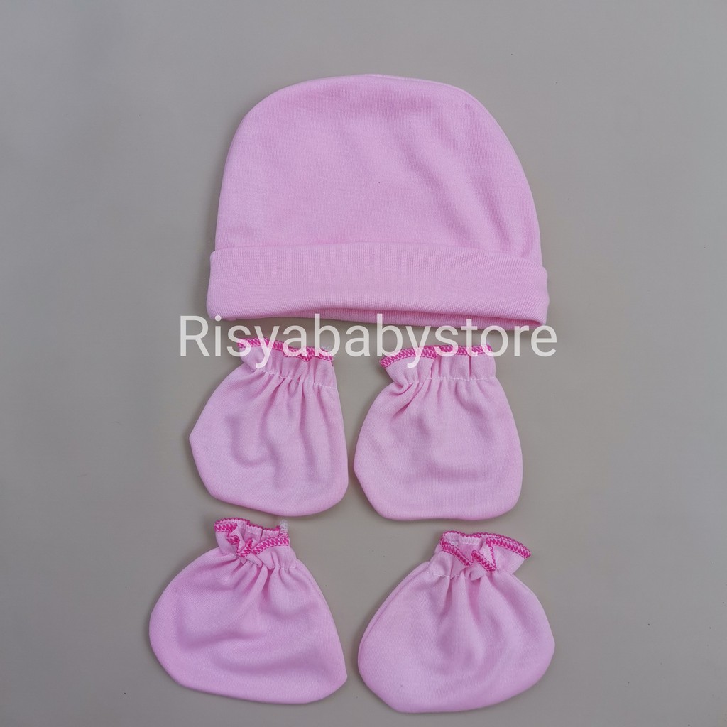 Topi set sarung tangan kaki bayi warna polos new born | Risyababy collection