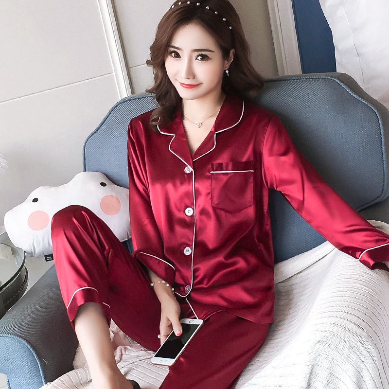 Lovera Baju Tidur Wanita Set Satin Model Kemeja Polos PP Celana Panjang Lengan Panjang