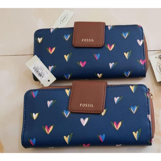 FOSSIL MADISON ZIP CLUTCH WALLET BLUE HEART