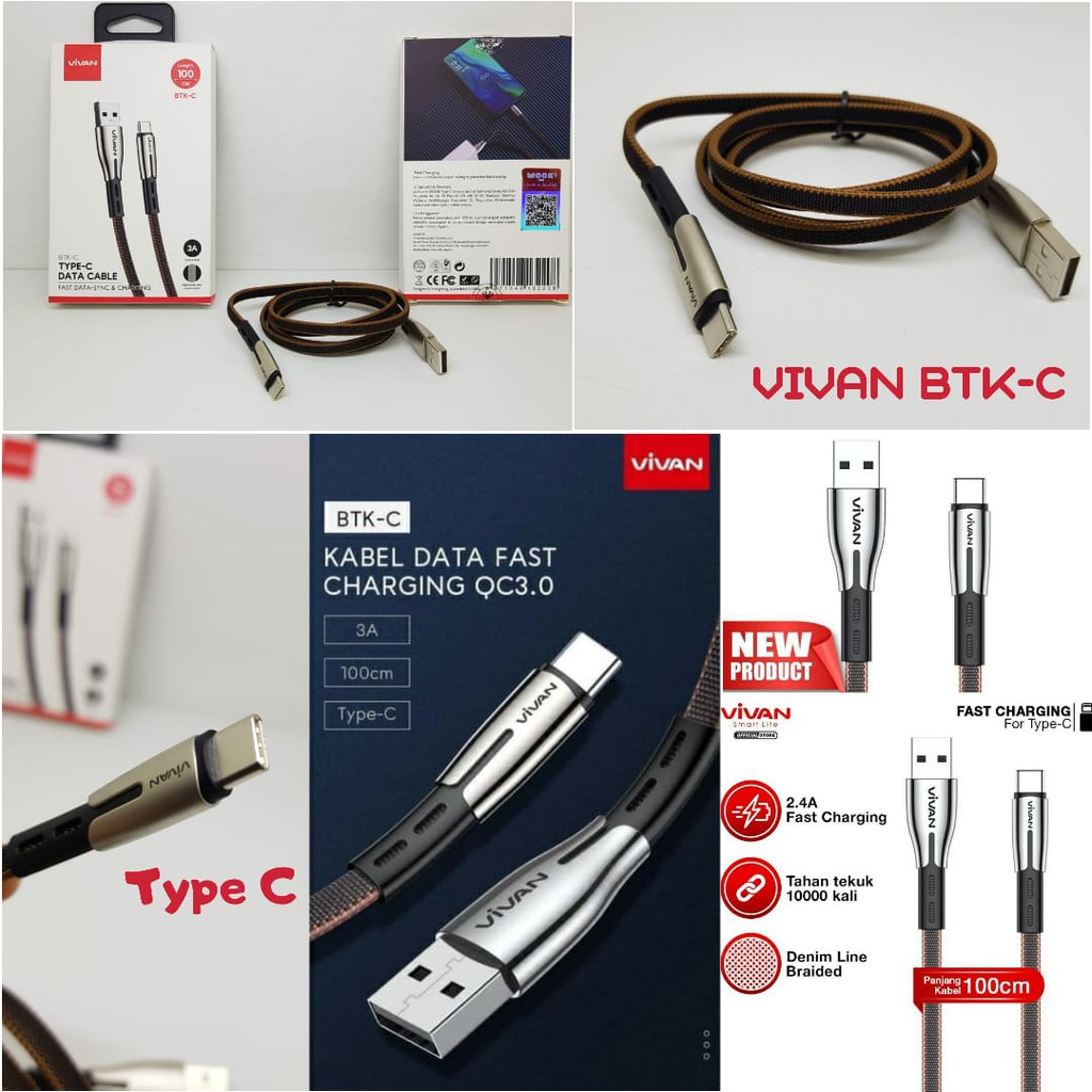 VIVAN 1M BTK C Data Cable Type C 3A Fast Data Sync and Charging Kabel Casan Vivan BTKC