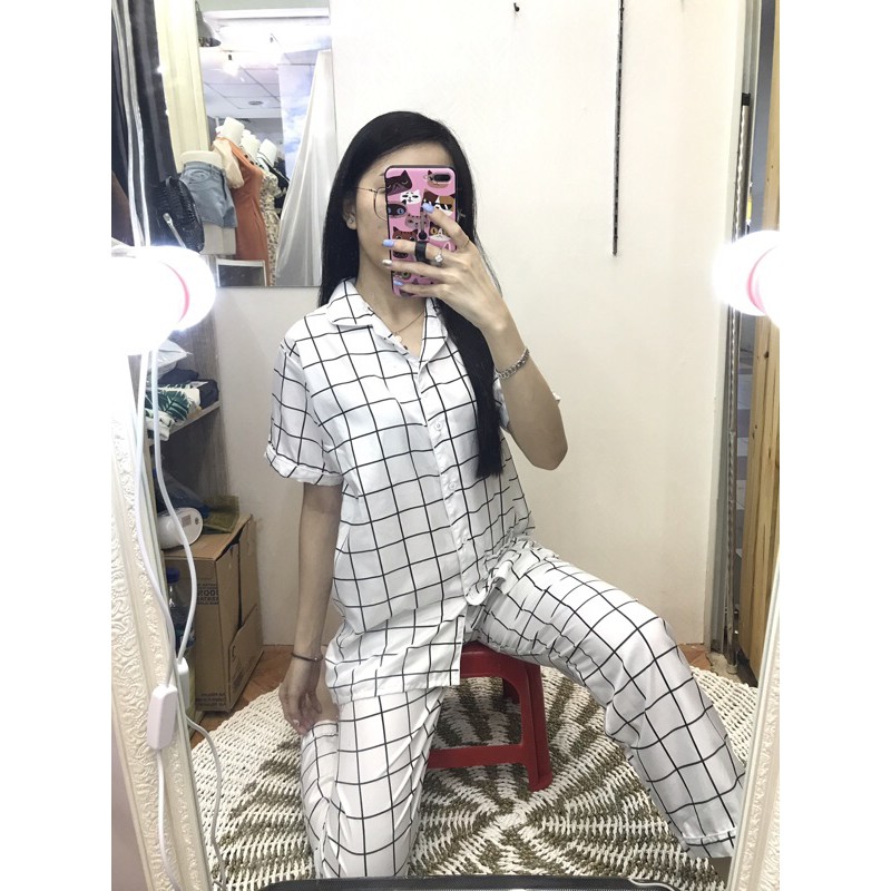 piyama/pajamas kotak&quot; Cp white.bajutidur/homewear/sleepwear wanita motif kotak&quot; putih kekinian cewek