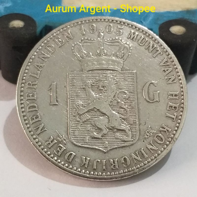 SWILH1G-14.. 1 PC KOIN PERAK KUNO ASLI 1 GULDEN WILHELMINA TH 1905.  -- SILVER COIN --