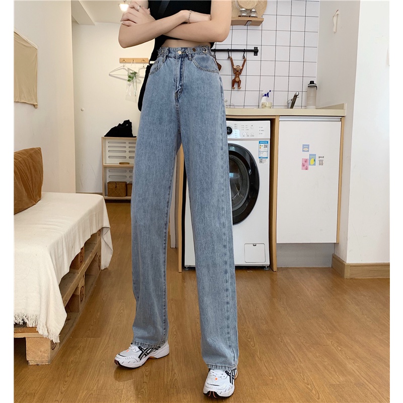 Celana jeans wanita loose high waist straight denim pants