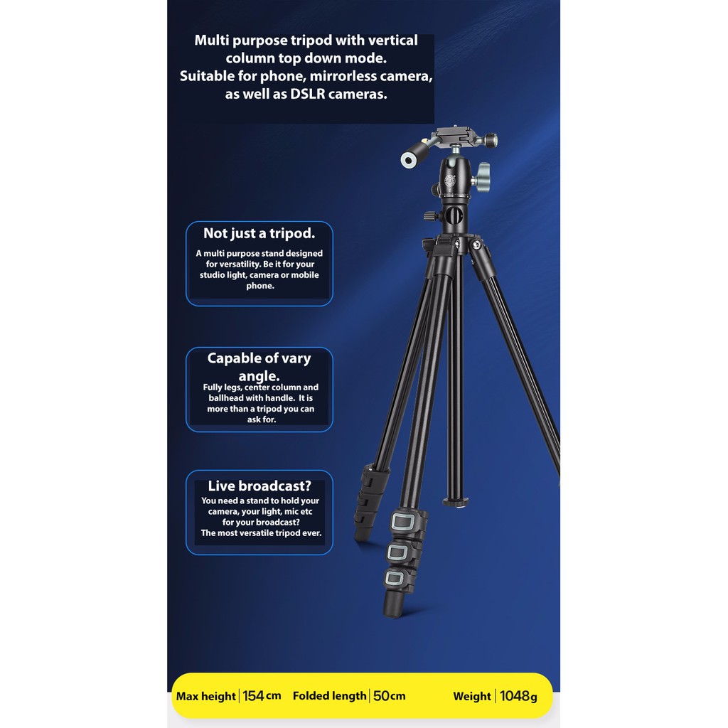 Tripod KAMERA HP Horizontal Flat Lay Over TOP HEAD QZSD BEIKE BK-202F