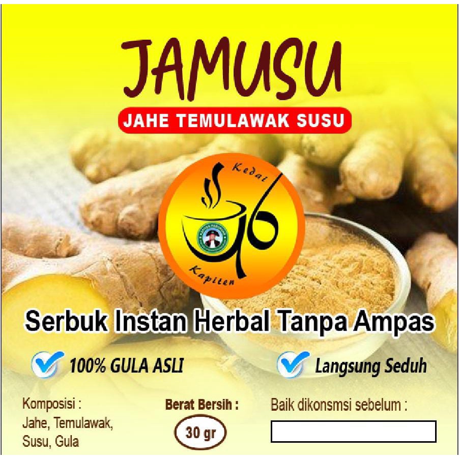 

JAHE TEMULAWAK SUSU JAMUSU KEDAI 46 KAPITEN SERBUK INSTAN HERBAL TANPA AMPAS PLUS GULA ALAMI ISI 10 SACHET 30 GRAM