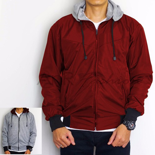 Jaket Bolak Balik 2in1 Bomber Parasut Fleece Hoodie Pria - Hitam/BiruNavy/MerahMaroon/HijauArmy/Abu