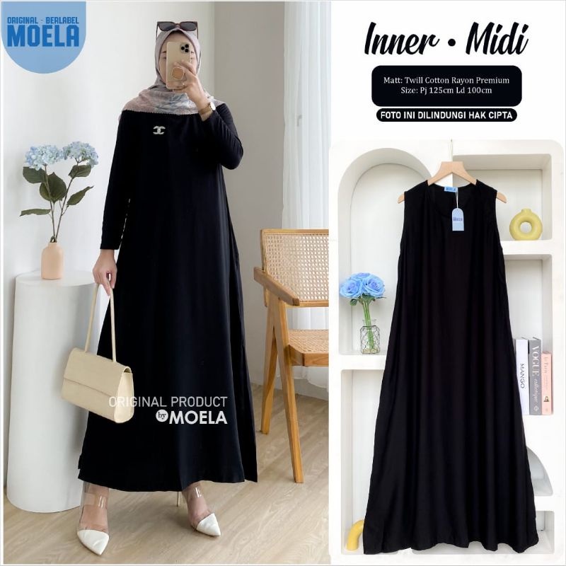 Moela Berlabel Inner Iner Overall Hitam Polos Tanpa Lengan Midi Dress Ayana Rifi Pakaian Muslim Wani
