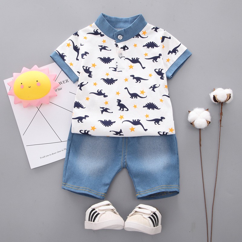 Baju Anak Dinosaurus Import Warna Putih Navy Setelan Kaos dan Celana Dino Denim