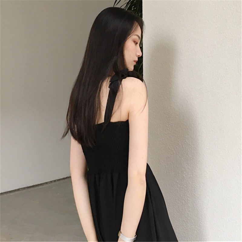 Dress Midi Korea Square Neck Tanpa Lengan Warna Polos + Aksen Pita Simple Elegan untuk Wanita