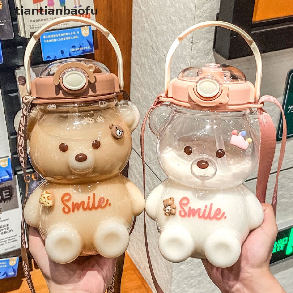 Botol Air Susu Kapasitas Besar Motif Beruang Dengan Sedotan Dan Tali Untuk Anak