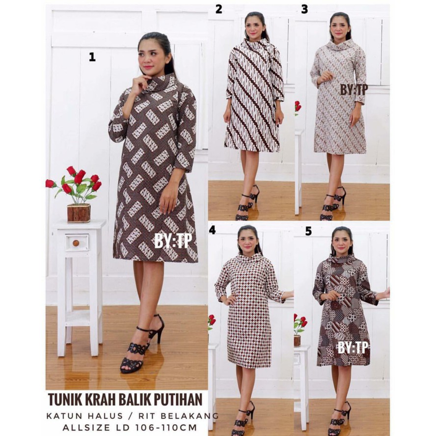 TUNIK SANTIKA WHITE TUTLE NECK BATIK PREMIUM KONDANGAN MODERN TUNIC KERJA JUMBO BIG SIZE