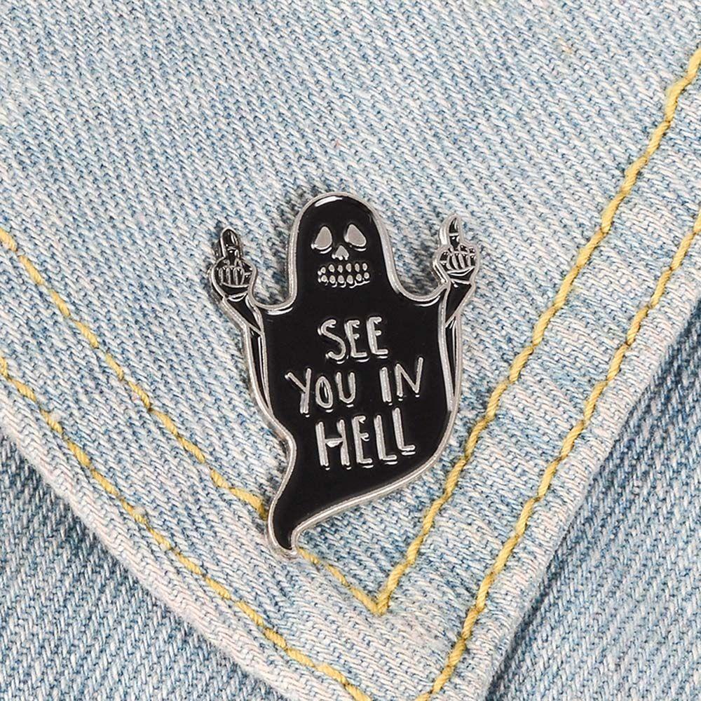 [Elegan] Bros Hantu Punk Mantel Aksesoris Perhiasan Jari Tengah See you in hell Kerah Bros Enamel Pin