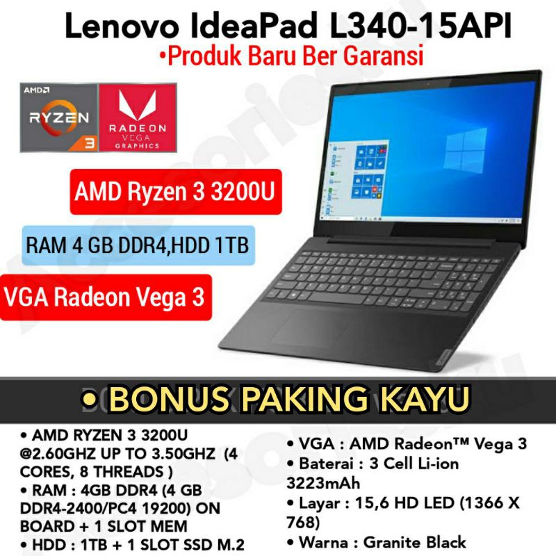Laptop Lenovo Ideapad L340 - 15API Ryzen 3 3200U 4GB HDD 1TB VGA Vega 3 DVD Room