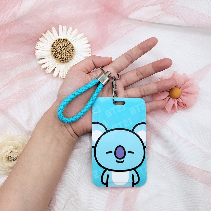 Baru KPOP BTS BT21 Kartun Lucu ID Card Holder Card Case Dengan Jari Gantungan Kunci Tali Lanyard