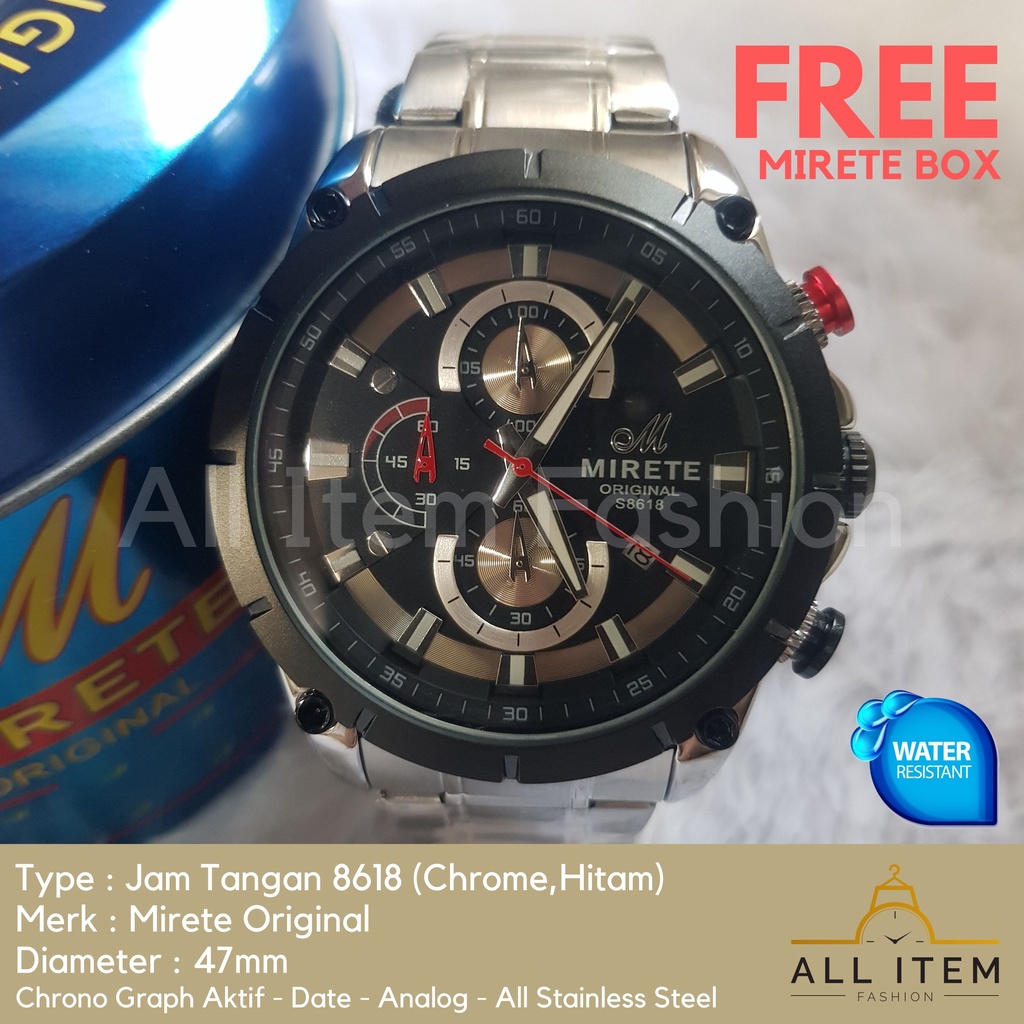 Jam Tangan Chrono Rantai MIRETE 8618 / Jam Tangan Pria Anti Air ORI / Arloji / Watches (FREE BOX)