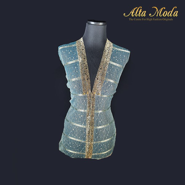 

Alta Moda Brokat Perancis Trimming Kebaya Desain Ice Blue Gold