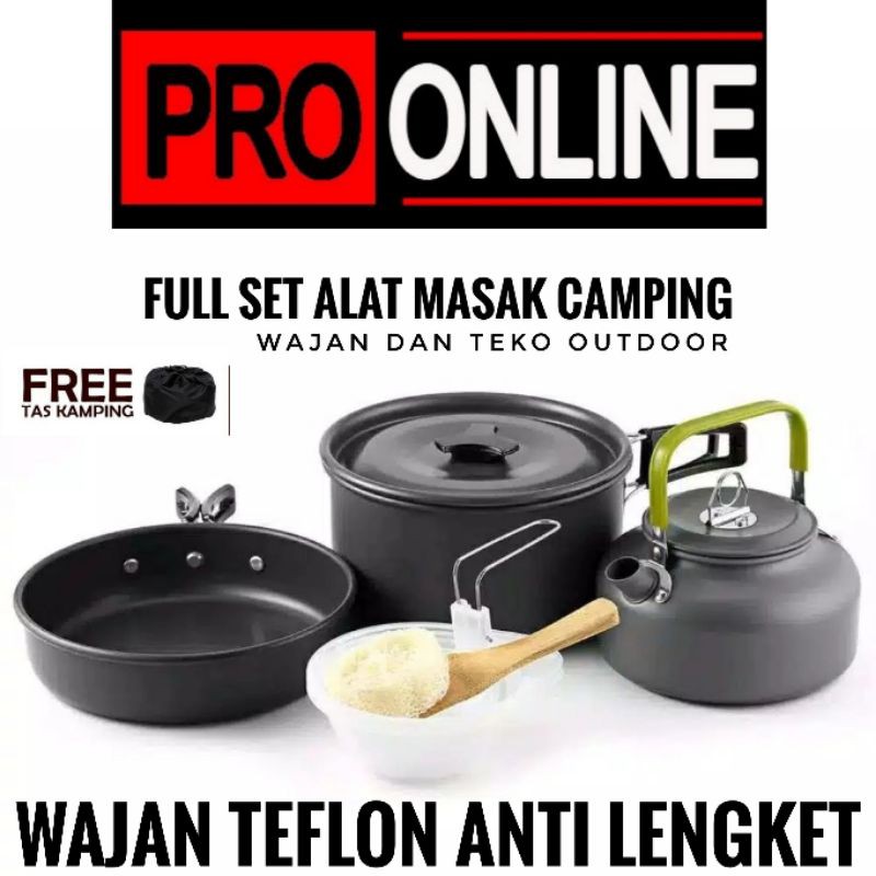 Cooking Set Plus Teko DS-308 Nesting 3-4 Person Camping Outdoor Alat Masak Teko / Ceret Dan Wajan