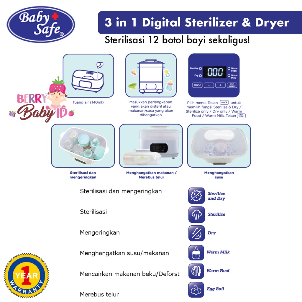 Baby Safe 3in1 Multi Electric Digital Sterilizer &amp; Dryer Steriliser Berry Mart