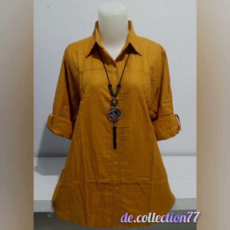 Kemeja Wanita Polos / Atasan Rami /Pakaian Wanita Lengan Panjang A.045A-Kuning