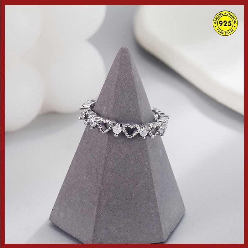 Cincin Model Terbuka Bahan Sterling Silver 925 Desain Hati Hollow Hias Berlian Untuk Wanita