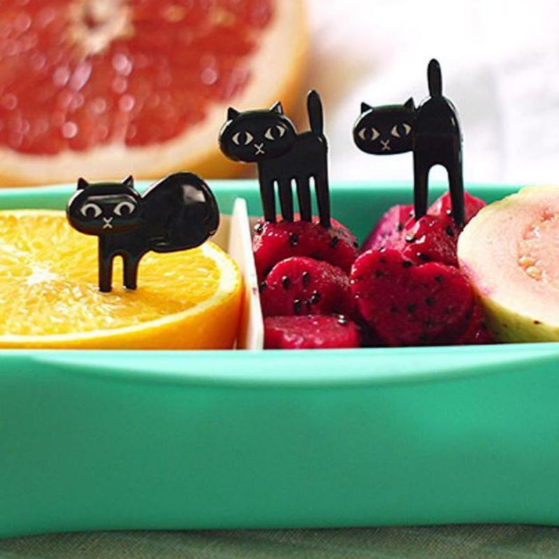 Food Pick Bento Tusukan Buah Kue Bekal Garpu Kecil Kucing Hitam Isi 6 pcs