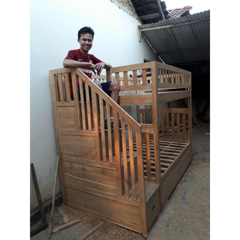Dipan tempat tidur tingkat anak kayu jati asli jepara