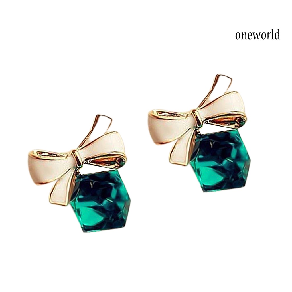 OW# 1 Pair Fashion Faux Crystal Bowknot Cube Ear Stud Earring Jewelry Accessory for Party