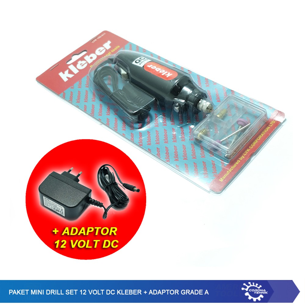 Paket Mini Drill Set 12 Volt DC Kleber + Adaptor Grade A