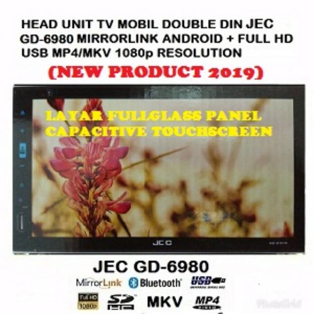 HEAD UNIT TAPE TV MOBIL DOUBLE DIN JEC MIRRORLINK ANDROID, FULL HD USB MP4 MKV, LAYAR LED FULLGLASS