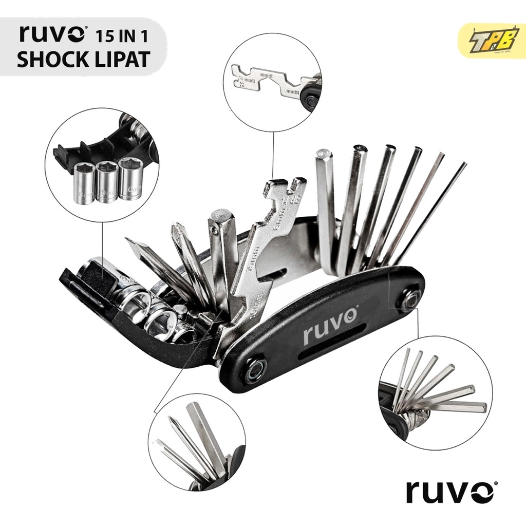 RUVO Kunci Shock Lipat mini Set Kunci Sepeda motor 16 Tools 16in1 Kunci 8 9 10 ring pas L Obeng 16 in 1