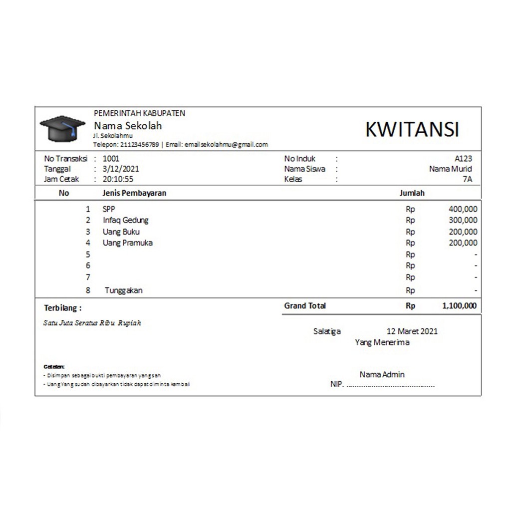 Aplikasi Excel Pembayaran SPP sekolah