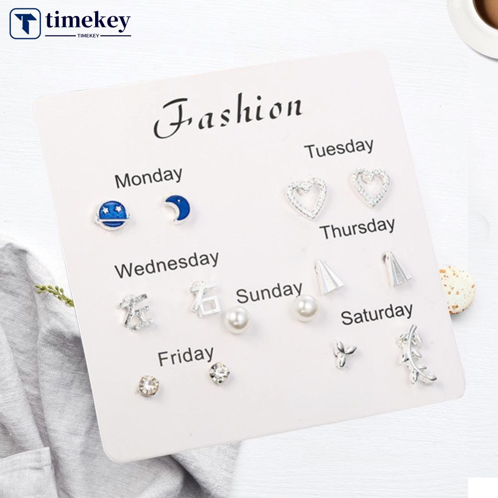 Timekey 7 Pasangset Anting Tusuk Aneka Desain Hias Berlian Imitasi Gaya Korea Untuk Wanita A2K1