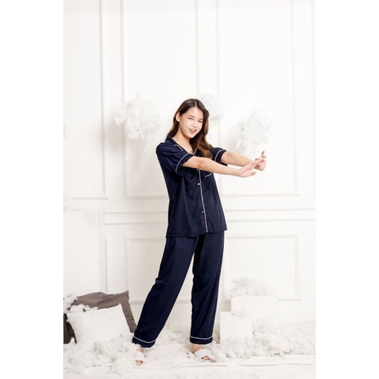 EMILY CP SWAP PAJAMAS BAJU TIDUR PIYAMA BAJU TIDUR RAYON PIYAMA RAYON PIYAMA POLOS-NAVY PREMIUM