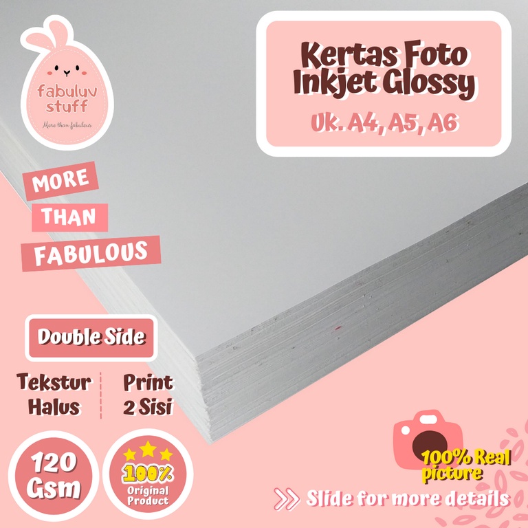 

Kertas Foto Glossy Double Side 120 Gram A4 A5 A6