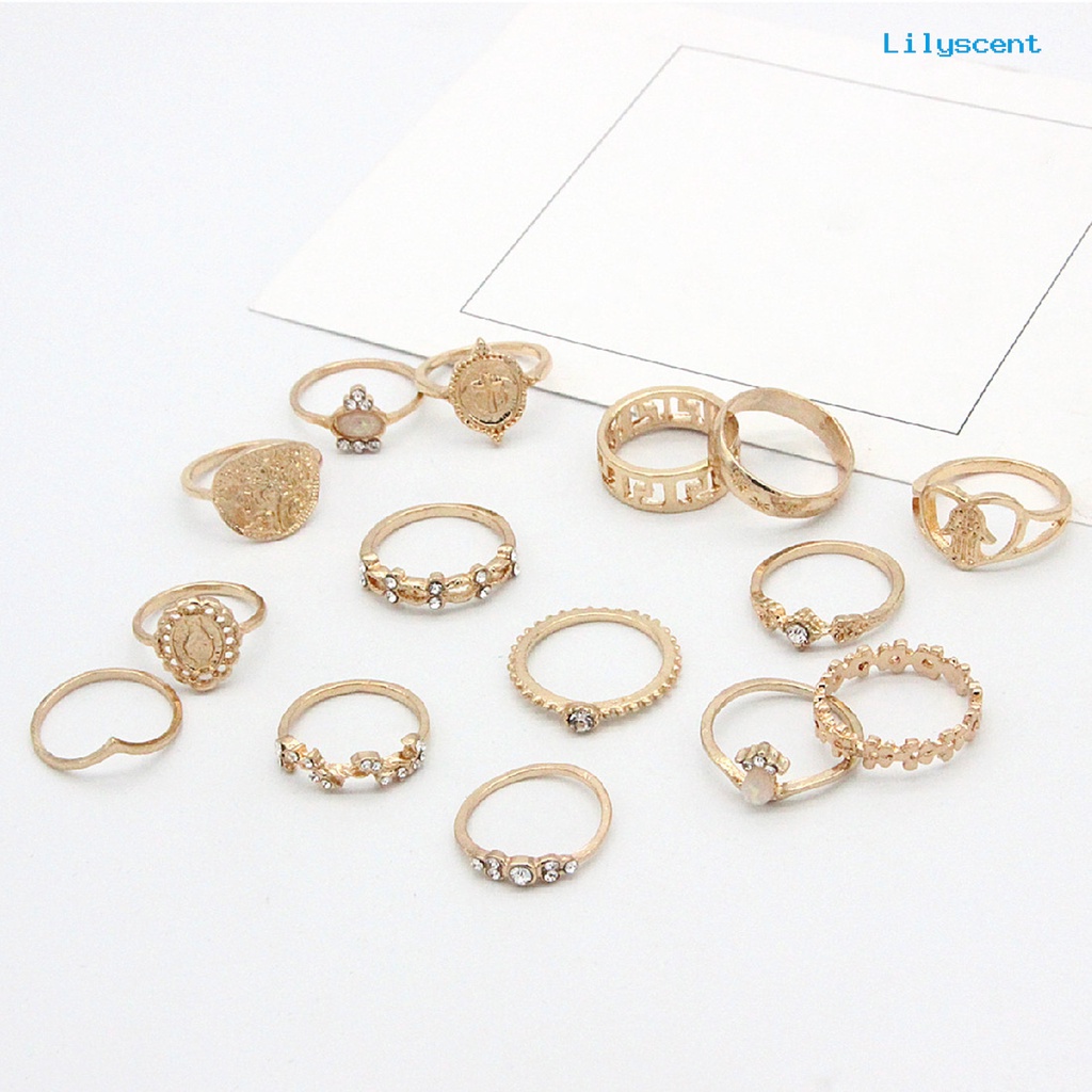 15 Pcs Cincin Knuckle Stackable Bahan Alloy Bentuk Hati Model Hollow